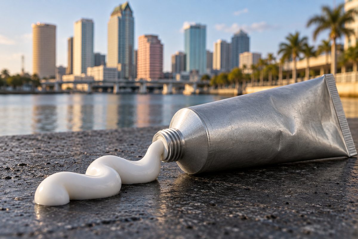 Crimped aluminum tube with a smooth ribbon of white azelaic acid suspension on dark basalt