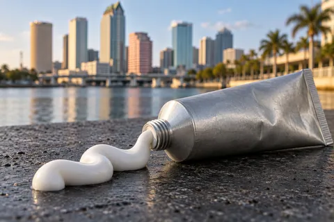 Crimped aluminum tube with a smooth ribbon of white azelaic acid suspension on dark basalt