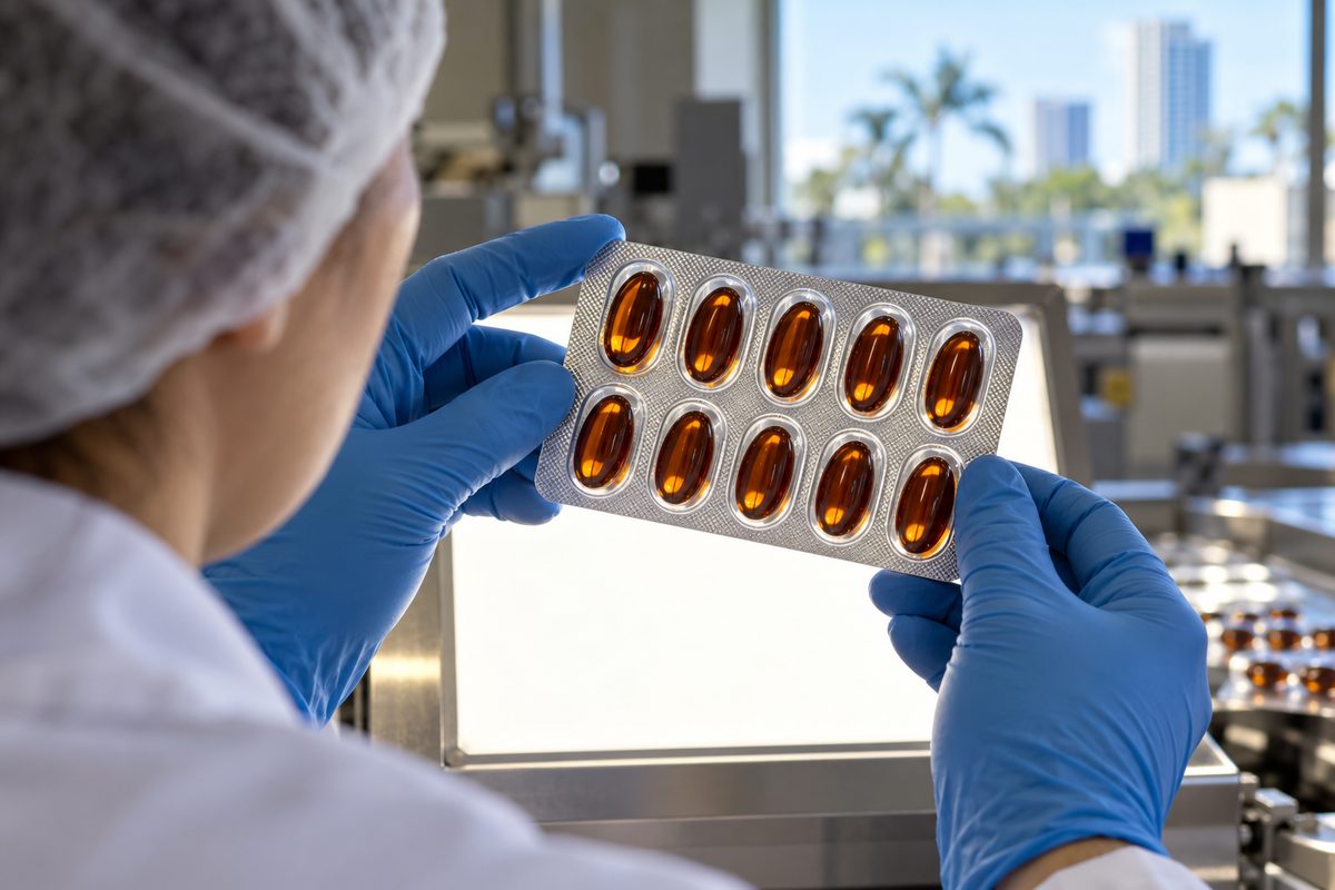 Quality control inspection of a cold-formed aluminum blister pack of amber softgels