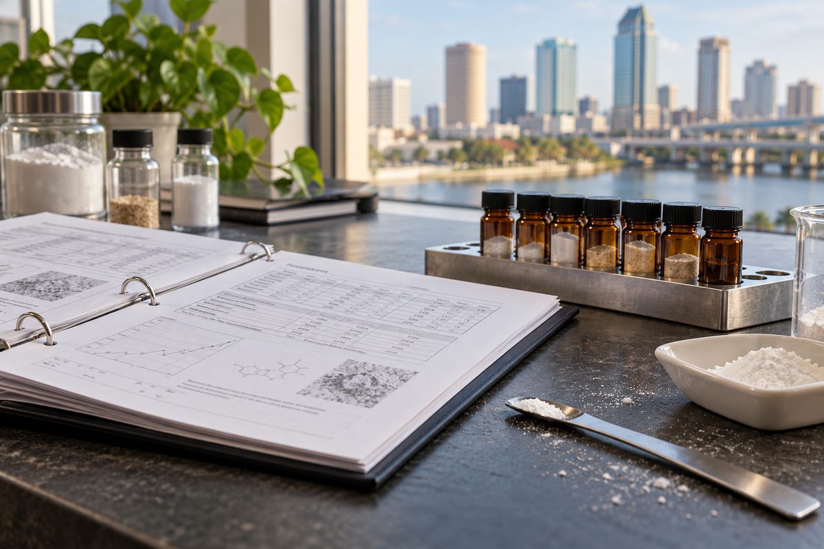 Clinical skincare consultation desk with formulation dossiers and amber test vials