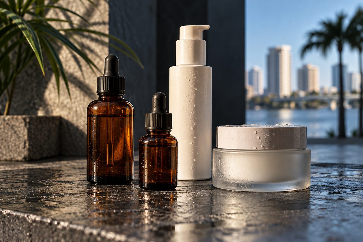Amber glass skincare bottles and barrier cream jars arranged on dark concrete in clinical studio lighting