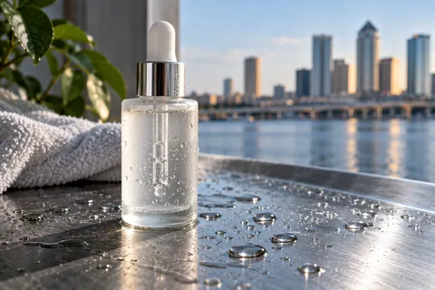 Frosted glass hyaluronic serum bottle resting on brushed steel with fine moisture condensation