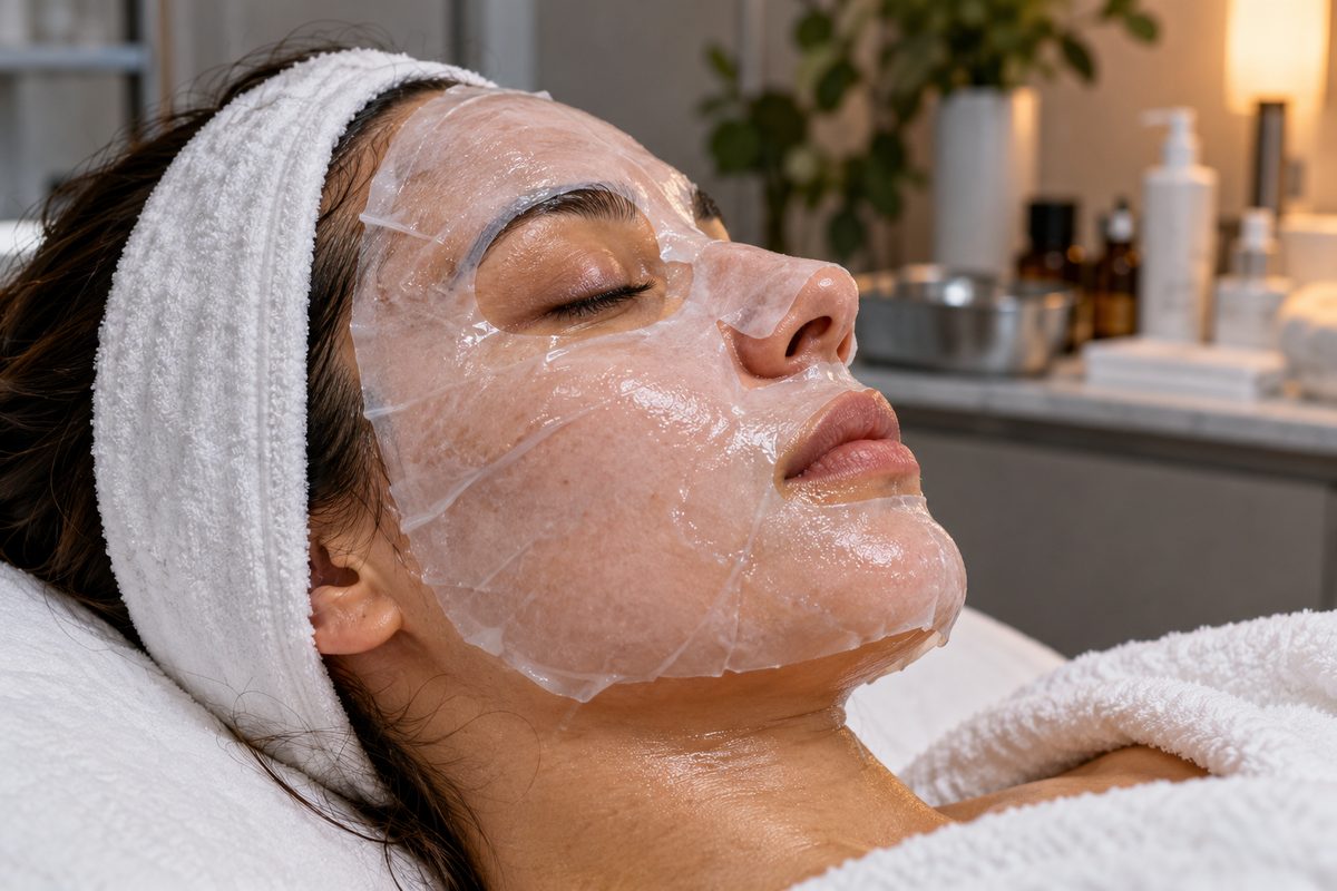 Close-up of a seamless bio-cellulose recovery mask adhering to skin during clinical treatment