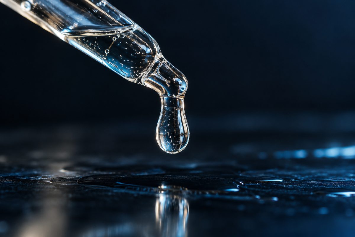 Clear active serum droplet hanging from a glass pipette over a dark midnight ground