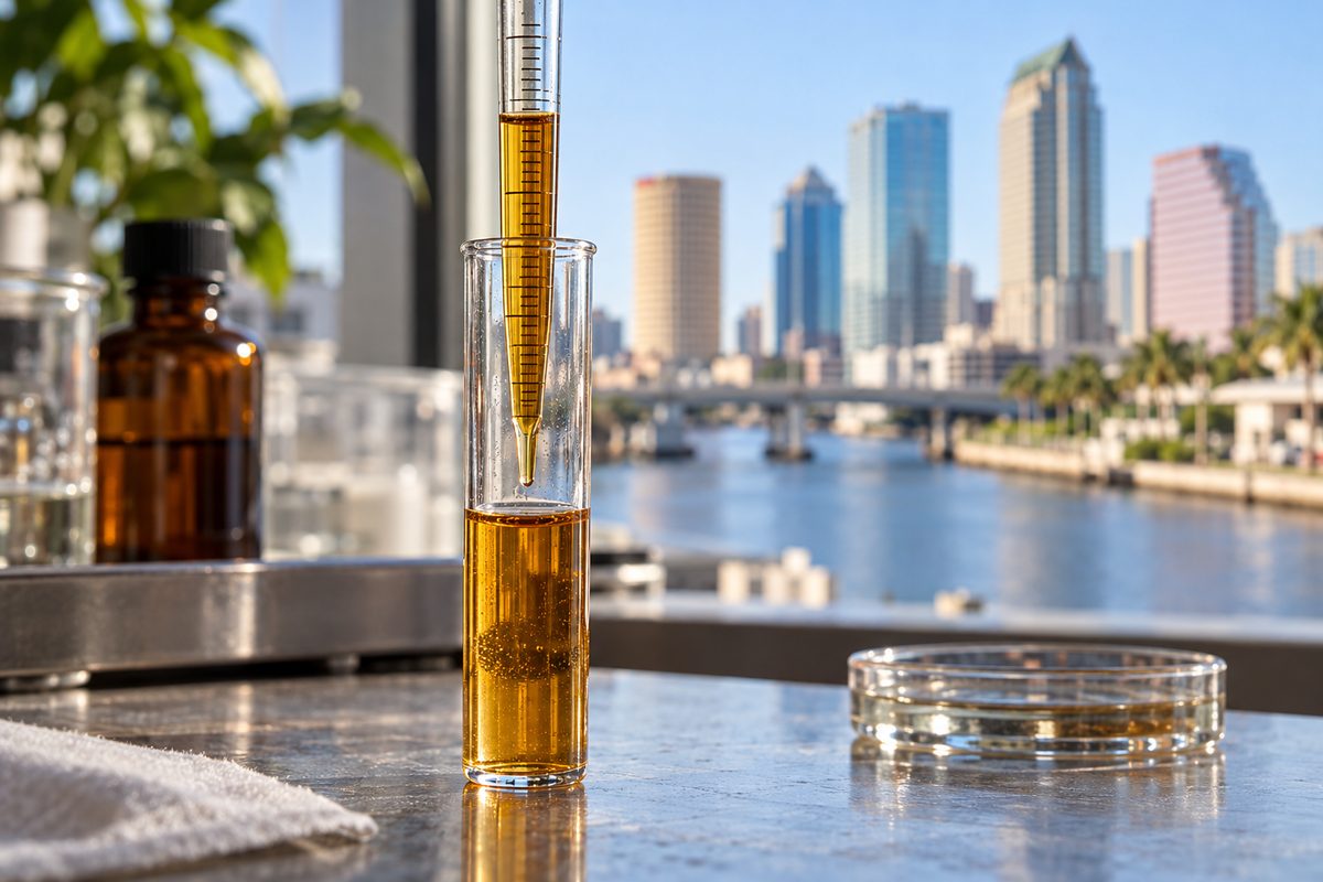 Graduated glass pipette measuring amber serum in a metric test tube