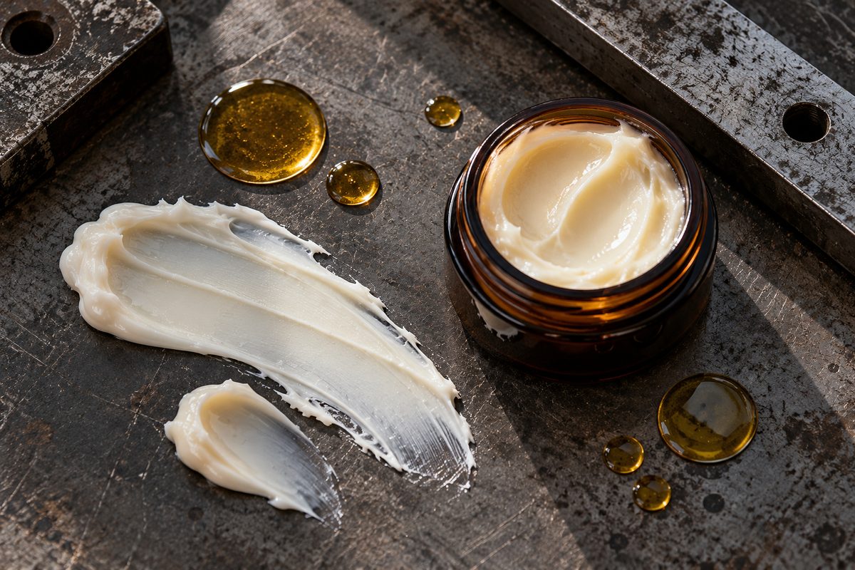 Ceramide cream swatches and lipid serum droplets on an industrial steel workbench