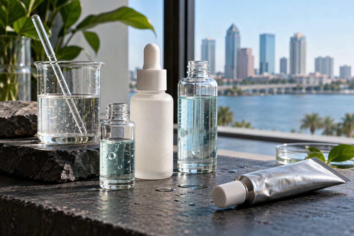 Clarifying serums and zinc solutions arranged on dark slate with clean lab vials