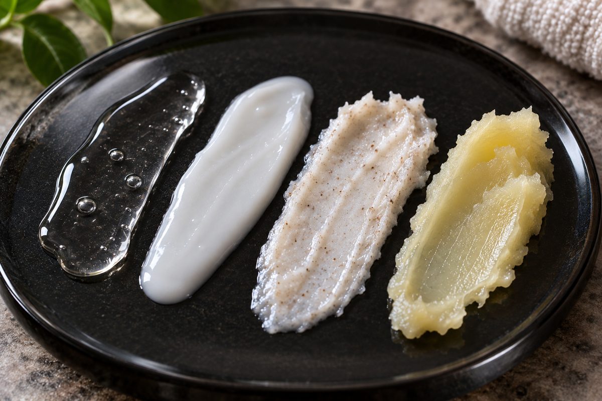 Parallel swatches of gel, fluid, cream, and dense balm on an opaque black glass plate